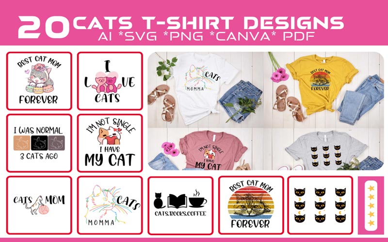 A collage of 10 images that exhibits the Cats T-shirt design print on T-shirts along with 9 different cat graphics of Trendy T-shirt Design Bundle.