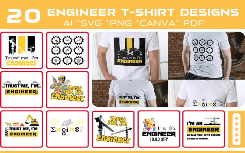 A collage of 10 images that exhibits the Engineer T-shirt design print on T-shirts and 9 different funky quotes of Engineering sector.