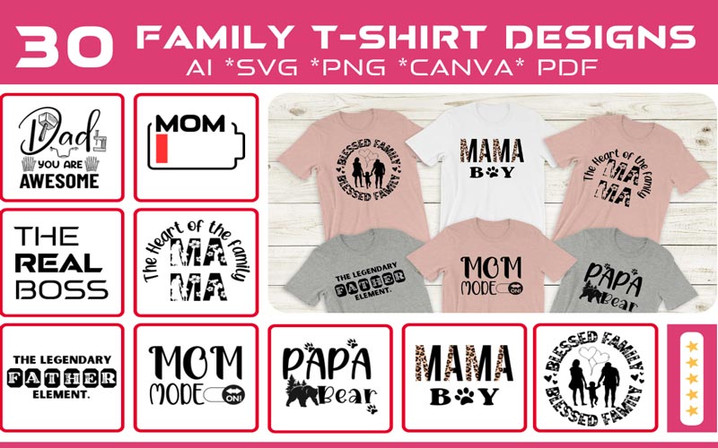 A collage of 10 images that exhibits the Family design print on T-shirts and 9 different Family members graphics of Mom, Papa, Mama, Dad.