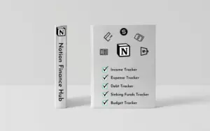 Notion Financial Hub Feature Image, 2 books which have all the 5 templates listed in the cover page.