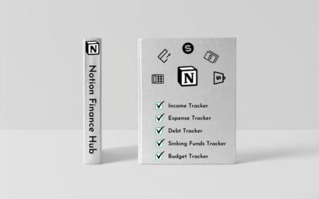 Notion Financial Hub Feature Image, 2 books which have all the 5 templates listed in the cover page.