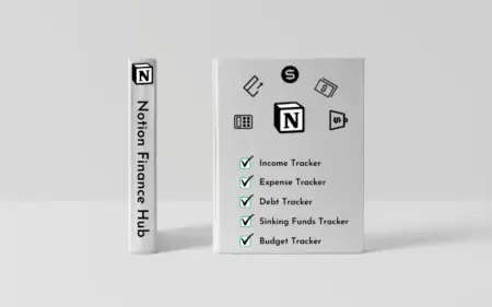 Notion Financial Hub Feature Image, 2 books which have all the 5 templates listed in the cover page.