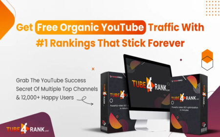 A featured image of TubeRank Jeet Pro, based on black and orange color theme, which includes 2 box graphics and 1 iMac which has TubeRank Jeet's logo on the screen with its tagline, 'Powerful video SEO optimization in minutes'