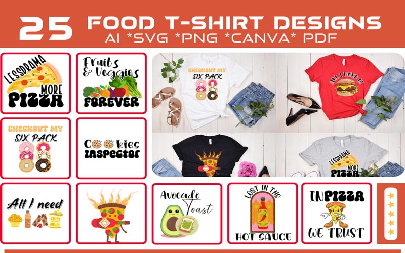 A collage of 10 images that exhibits the Food design print on T-shirts and 9 different food items and quotes in a form of graphics.