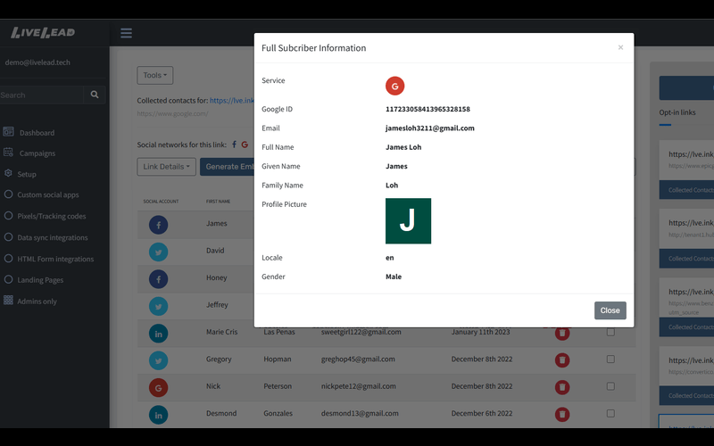 Full Subscriber Information Of LiveLead