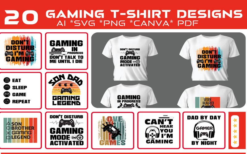 A collage of 10 images that exhibits the Gaming design print on T-shirts and 9 different Gaming quotes and Graphics of Trendy T-shirt Design Bundle.