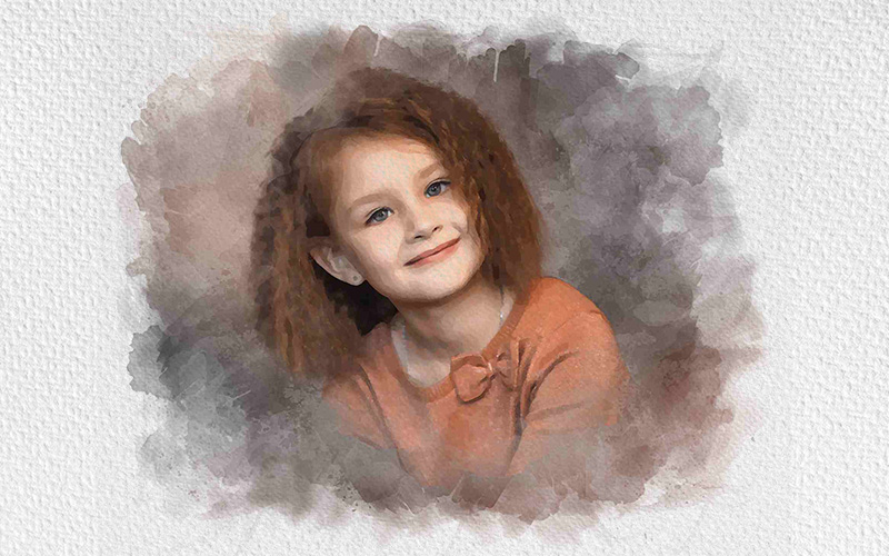 A cute little girl smiling and flaunting her curly hair and a portrait effect from Photo Effects Bundle has been added.