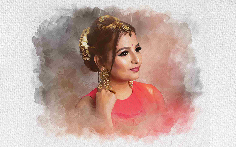 A young beautiful woman wearing a red saree and a portrait effect from Photo Effects Bundle has added.