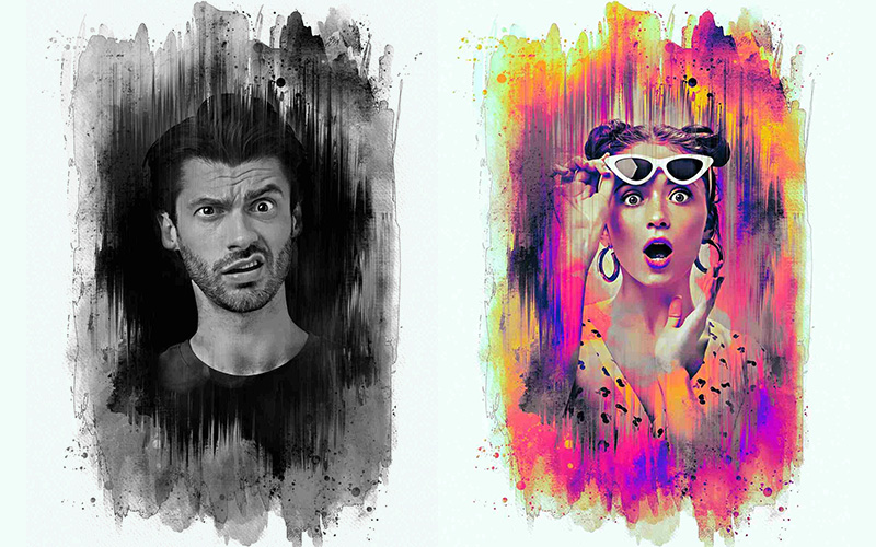 A bearded guy gave a confused reaction and a girl was surprised after watching something that she took her glasses off and watercolor Photo effects Bundle added.
