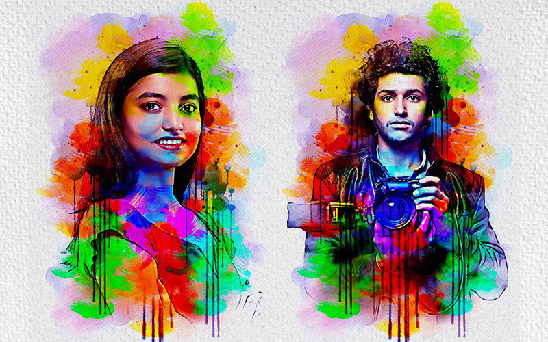 A pretty woman giving a big smile and a curly hair guy is holding a DSLR camera and watercolor Photo Effects Bundle added.