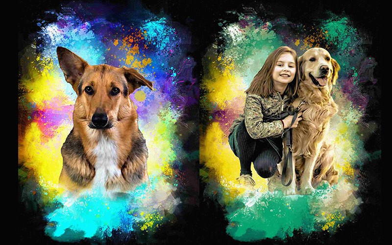 A German shepherd looking with a puppy eye look and a little girl holding a golden retriever and added a digital painting Photo Effects Bundle.