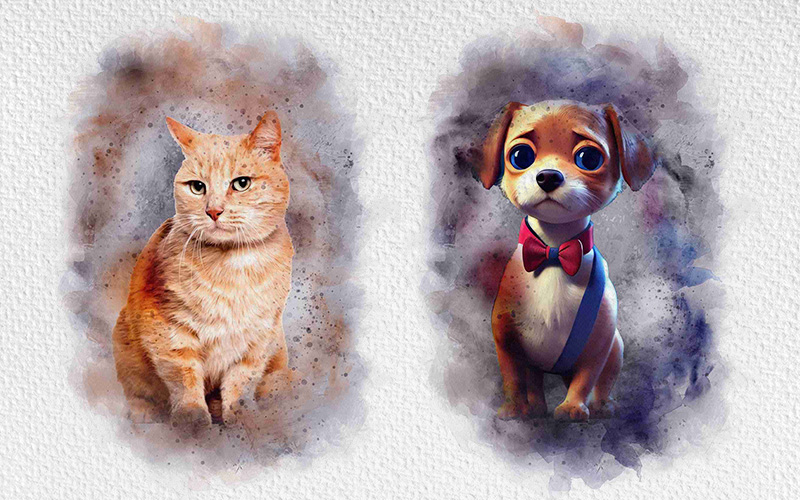 A brown color cat looking suspiciously and a cute little brown color puppy wearing a red color bow tie and added a digital painting Photo Effects Bundle.
