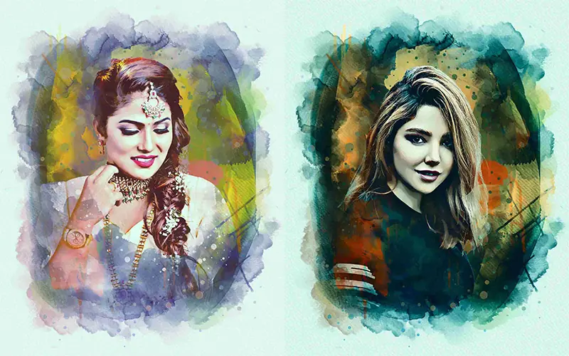 A woman wearing full ornament and posing while holding her necklace and a girl posing with a smile and showing her highlighted hair and added a digital painting Photo Effects Bundle - best photoshop actions for portraits