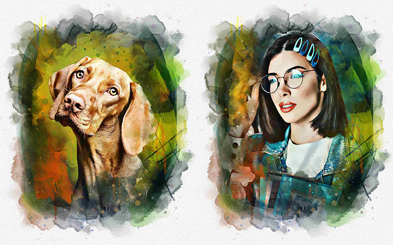 A fully grown brown colored dog looking with puppy eyes and a girl posing with her glasses on while wearing a blue jumper and added a digital painting Photo Effects Bundle.