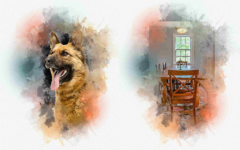 A fully grown German shepherd in is attack mode and a wooden dining table facing a white window and a paint effect from Photo Effects Bundle has been added.
