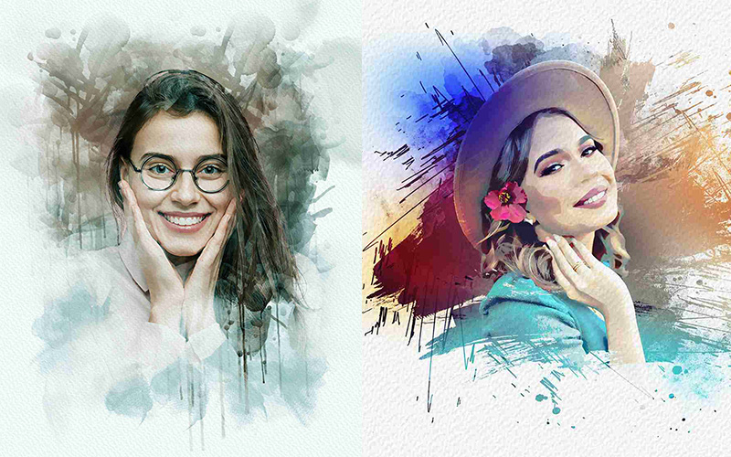 A Girl wearing a hat and flaunting her hibiscus flower and a woman with specs giving a pretty smile and a portrait effect from Photo Effects Bundle has added.