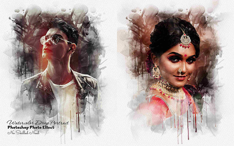 A woman in traditional outfit wearing all the jewelry and A young man posing with a grey denim jacket flaunting his jawline and a portrait effect from Photo Effects Bundle has added.
