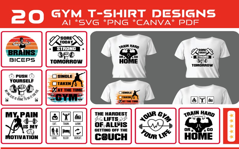A collage of 10 images that exhibits the Gym design print on T-shirts and 9 different Gym quotes and Graphics of Trendy T-shirt Design Bundle.