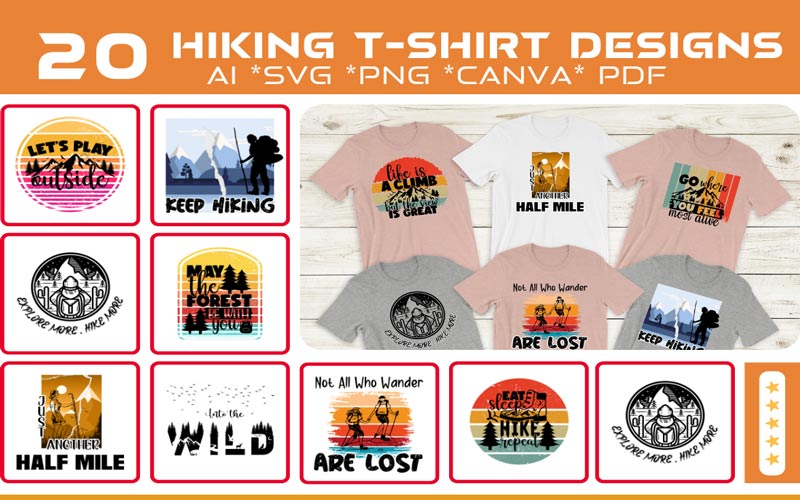 A collage of 10 images that exhibits the Hiking design print on T-shirts and 9 different Hiking quotes, souvenir and Graphics of Trendy T-shirt Design Bundle.