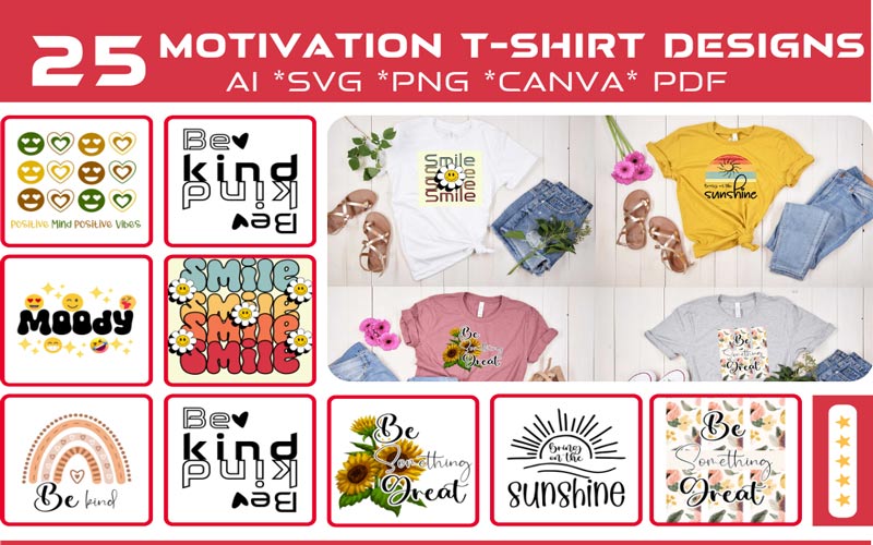 A collage of 10 images that exhibits the Motivational design print on T-shirts and 9 different Motivational quotes and Graphics of Trendy T-shirt Design Bundle.