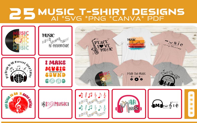 A collage of 10 images that exhibits the Music design print on T-shirts and 9 different Music quotes and Graphics of Trendy T-shirt Design Bundle.