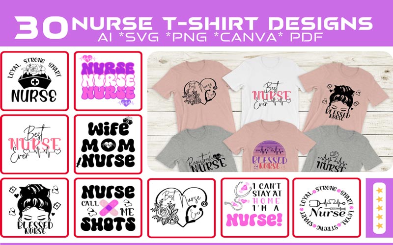 A collage of 10 images that exhibits the Nurse design print on T-shirts and 9 different hospitality quotes which conveys the work of nurses in the medical field.