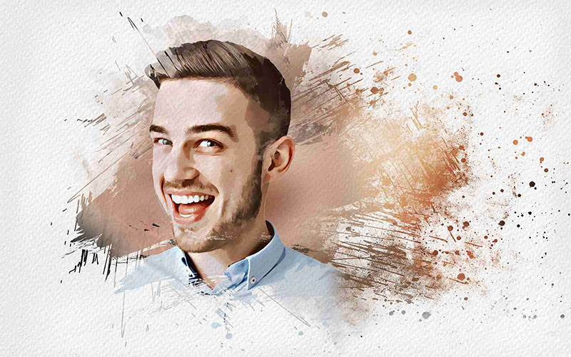 A British man wearing a blue shirt and smiling, and a portrait effect from Photo Effects Bundle has added.