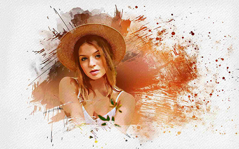 A pretty girl wearing a white tang top along with a brown hat and a portrait effect from Photo Effects Bundle has been added.