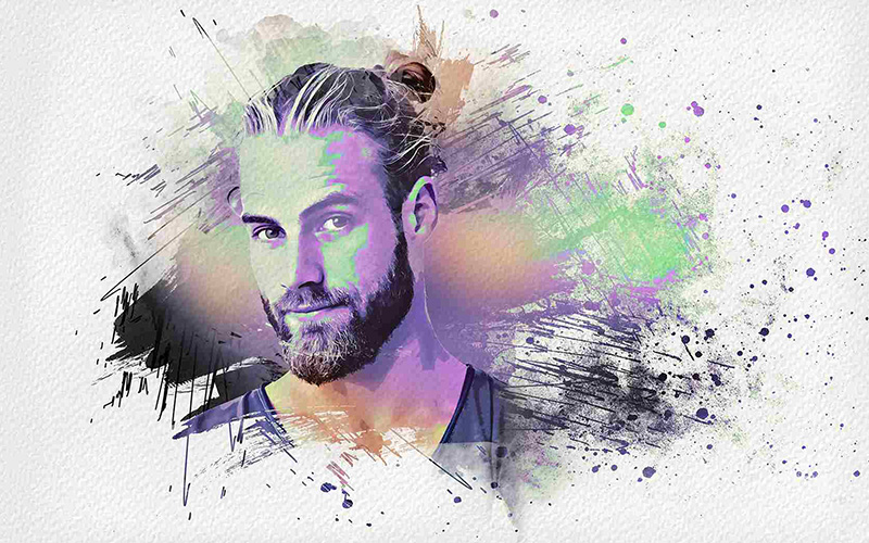 A young man has a proper bearded and has a man-bun to his hair and a portrait effect from Photo Effects Bundle has added.
