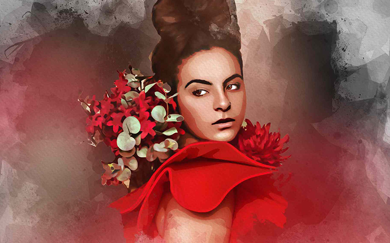 A woman wearing her red dress and flaunting her flowers and a portrait effect from Photo Effects Bundle has added.