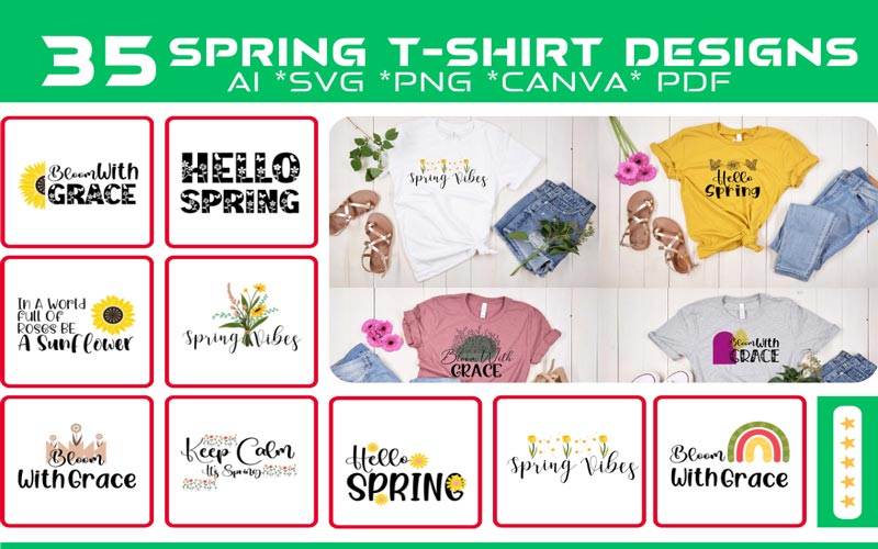 A collage of 10 images that exhibits the Spring design print on T-shirts and 9 different spring Graphics of Trendy T-shirt Design Bundle.