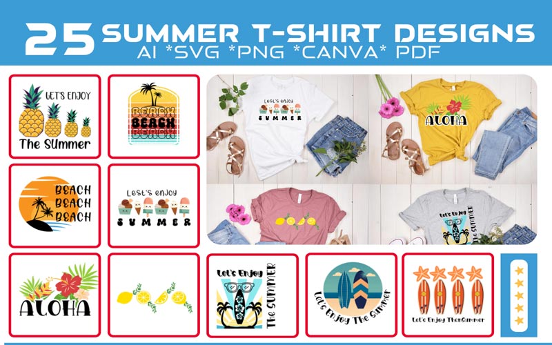 A collage of 10 images that exhibits the Summer design print on T-shirts and 9 different Graphics which indicates summer vibes.