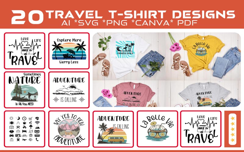 A collage of 10 images that exhibits the Travel design print on T-shirts and 9 different Travel quotes and Graphics of Trendy T-shirt Design Bundle.