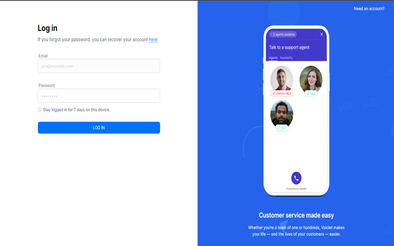 Voiclet - Customer Engagement Tool Login Page user interace