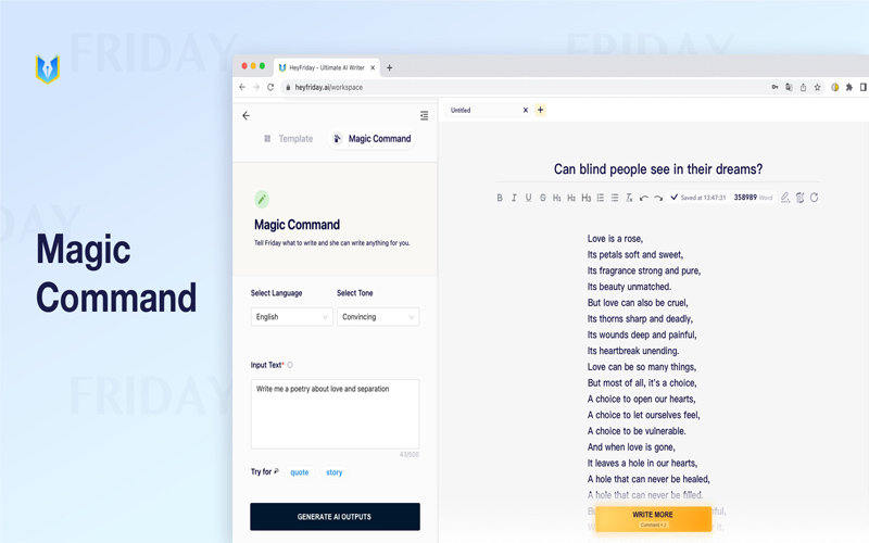 The Magic-Command Feature of Friday AI generates ideas related to your topic. The tab shows a topic is given to the tool and 18+ lines are framed and generated by the AI