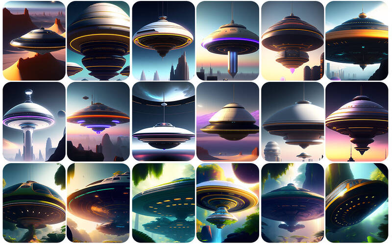 A collage of different colored sky with different colored UFO's