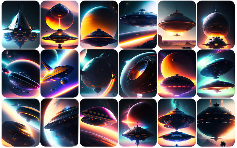 UFO in space depiction in various images collage