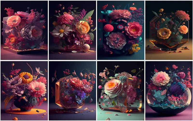 Carousal of flowers arranged in vases