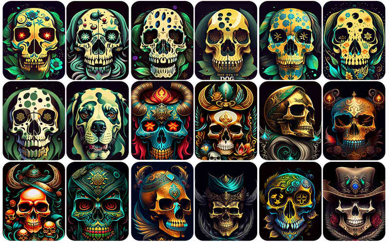 A celestial-themed composition featuring skulls adorned with celestial motifs, evoking a sense of cosmic wonder. -skull art images