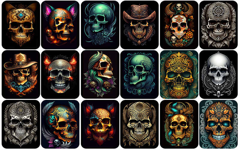 A collage featuring various ornate skulls arranged in a visually captivating manner.