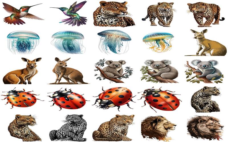 Collage of kingfisher, cheetah, ladybug and more animal clipart images