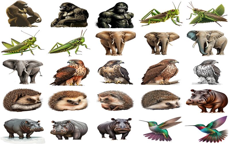 Collage of gorilla, grasshopper, eagle, hippo and more animal clipart images