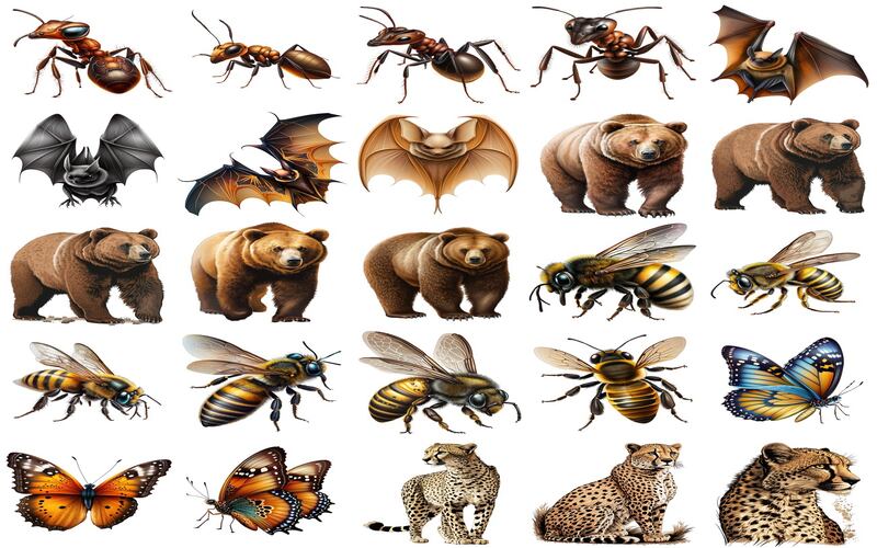 Collage of ant, bat, bear, honeybee and more animal clipart images