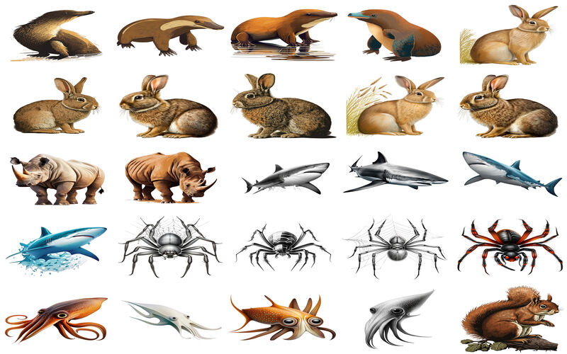 Collage of rabbit, spiders, squid and more animal clipart images