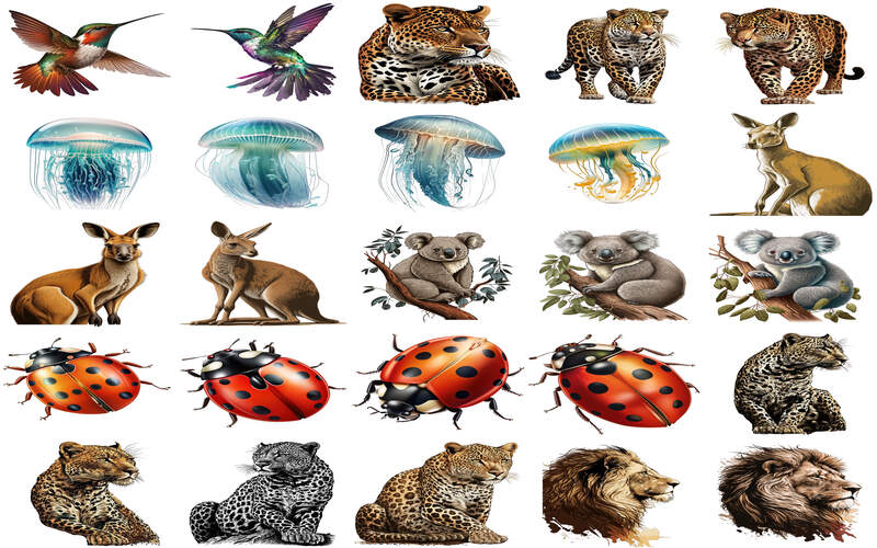 Collage of kingfisher, ladybug, octopus and more animal clipart images