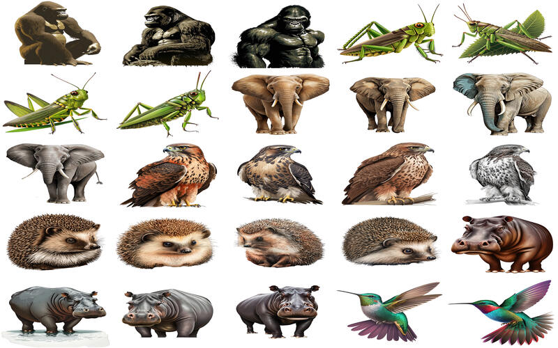 Collage of gorilla, grasshopper, elephant, hippo and more animal clipart images
