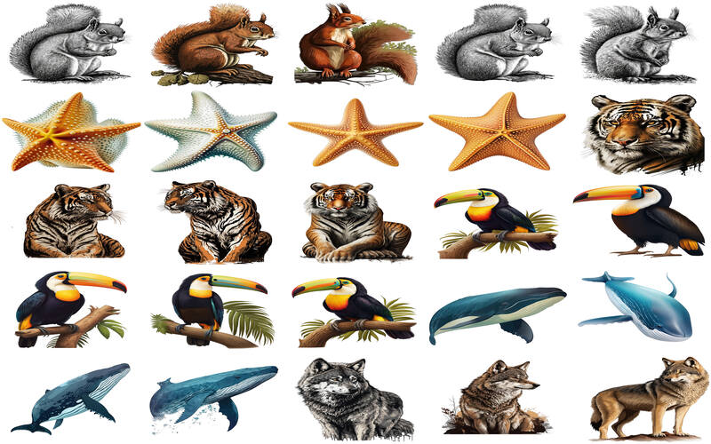 Collage of squirrel, starfish, whale and more animal clipart images