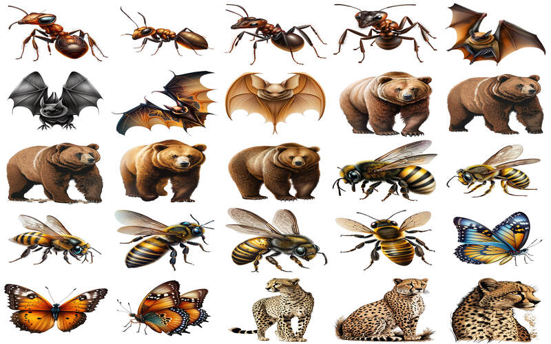 Collage of ant,bat,homeybee,butterfly and more animal clipart images