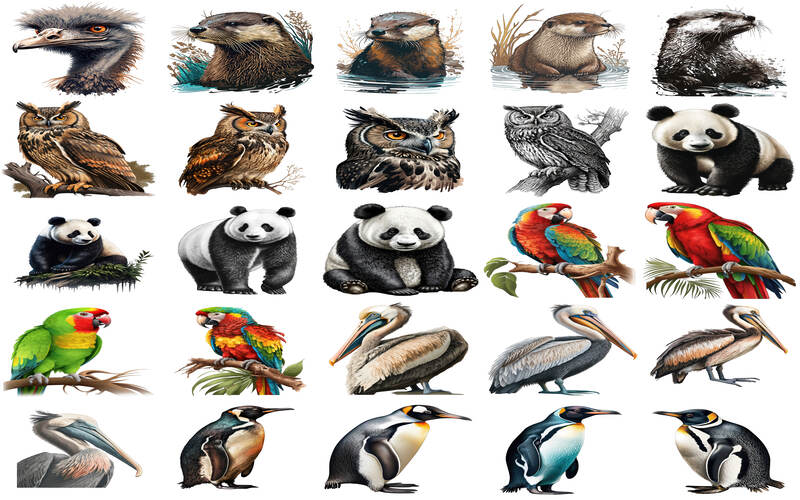 Collage of otter,owl, panda, pelican,penguin, and more animal clipart images