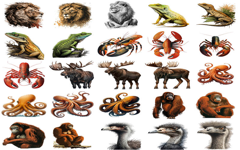 Collage of lion, frog,ostrich, orangutan,octopus and more animal clipart images